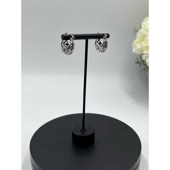 Vintage Sterling Silver Open Cutout Floral Filigree Scrolling Hoop Earrings - Picture 13 of 13